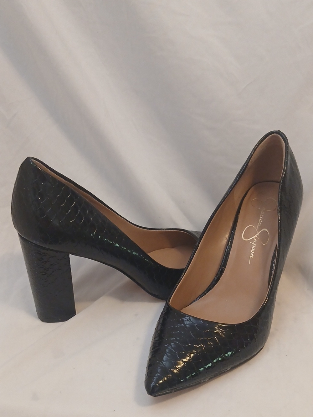 Jessica Simpson Black Iridescent Snake-Texture Block Heel Pumps